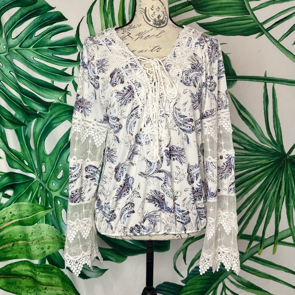 White House Black Market M White Purple Lace Up Front Sheer Sleeve Blouse